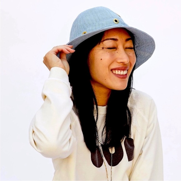 CLARE V Light Denim Bucket Hat XS Small Light Blue Herringbone Grommet Women NEW main image 6